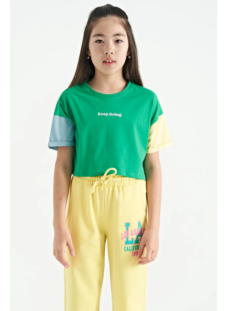 Tommy Life Green Text Printed O Neck Off Shoulder Oversize Girls T-Shirt - 75130