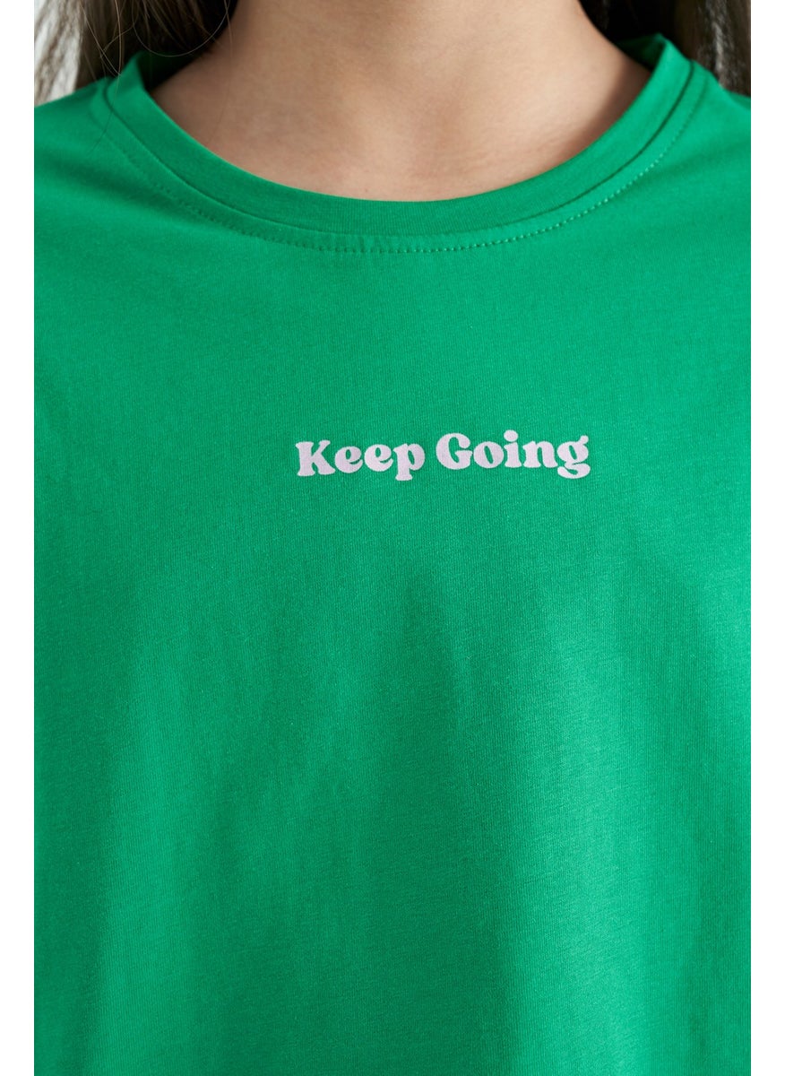 Tommy Life - Green Text Printed O Neck Off Shoulder Oversize Girls T-Shirt - 75130 - Image 1