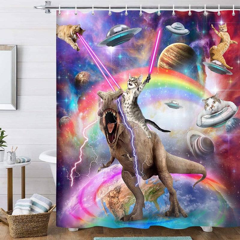 Uokiuki Uokiuki Funny Cat Shower Curtain Boys Kids Bathroom Decor Cool Riding Dinosaur On Fantasy Galaxy Hilarious Curtain Funky Outer Space Universe Anime Fabric with 12PCS Hooks 70X70IN 