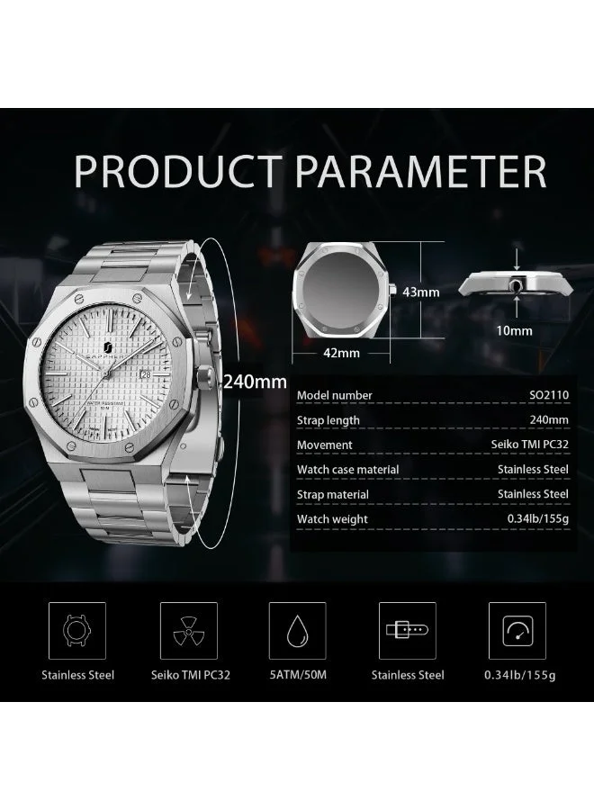 Sapphero  SAPPHERO Men's Watch Octagonal Stainless Steel Luminous Wristwatch Luxury Analog Quartz Watch for Men with Date Elegant Mens for Men | Best Price UAE