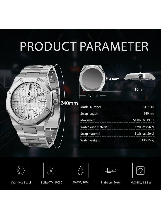 SAPPHERO Men's Watch Octagonal Stainless Steel Luminous Wristwatch Luxury Analog Quartz Watch for Men with Date Elegant Mens - Image 4