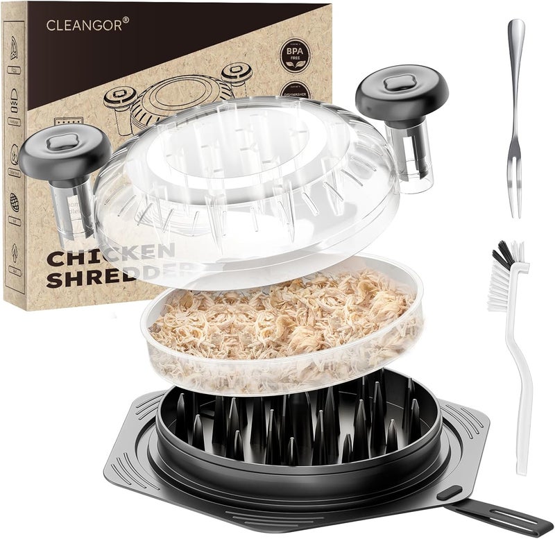 CLEANGOR Chicken Shredder Tool Twist Large, BPA Free Meat Shredder with Ergonomic Handle, Non-Slip Food Shredder Tool for Pork, Beef, Set of Chicken Breast Shredder with Brush & Fork (1, Black) - Image 1
