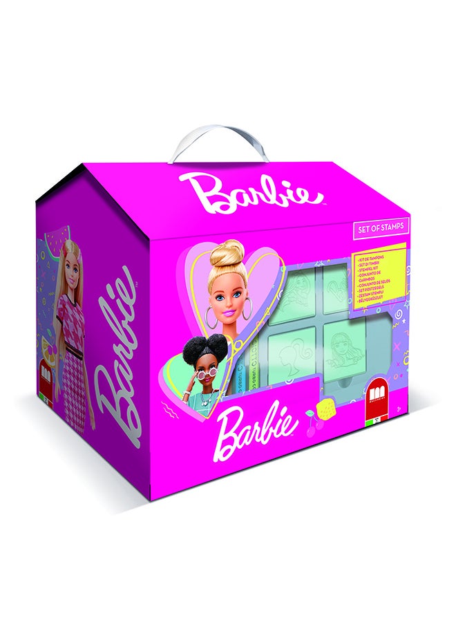 MULTIPRINT Barbie House Creative Stamping And Coloring Set For Kids Includes 7 Wooden Stamps, Washable Ink, 7 Markers, Drawing Book And More Made In Italy  - Image 1