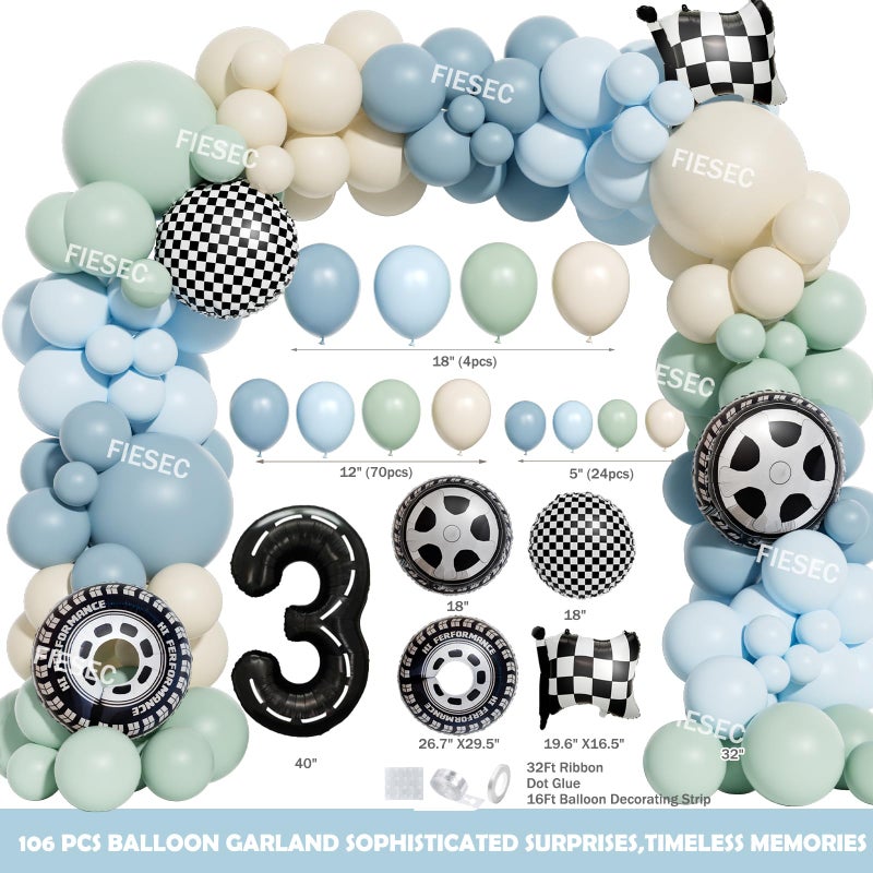 Fiesec Cant Catch Me Im 3 Birthday Decorations â€“ 116 PCs Race Car 3rd Birthday Party Supplies with Balloon Garland Backdrop Banner Tablecloth Cake Topper Foil Balloon - Image 3