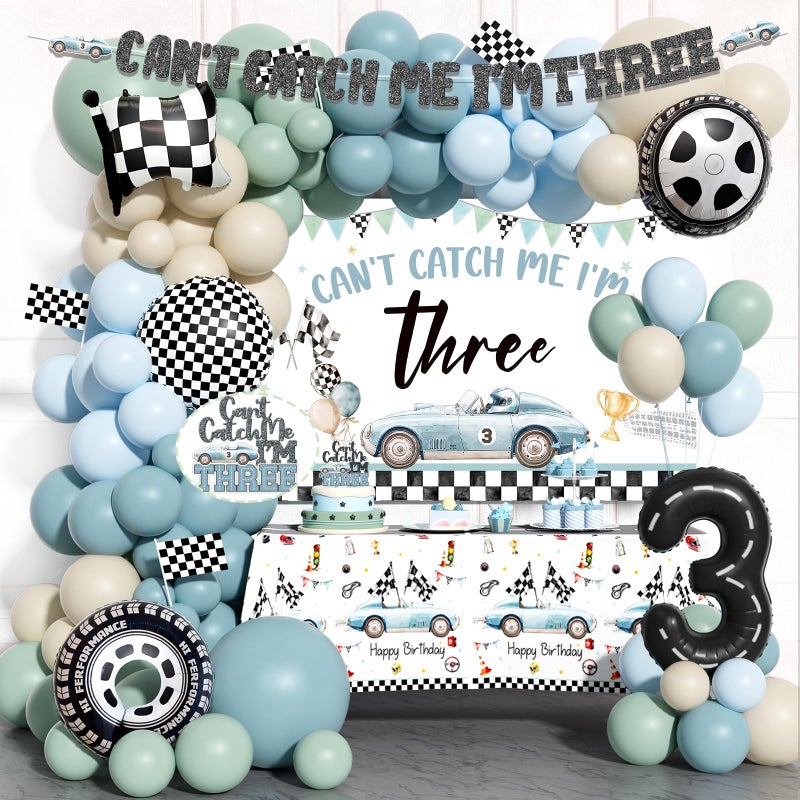 Fiesec Cant Catch Me Im 3 Birthday Decorations â€“ 116 PCs Race Car 3rd Birthday Party Supplies with Balloon Garland Backdrop Banner Tablecloth Cake Topper Foil Balloon - Image 1