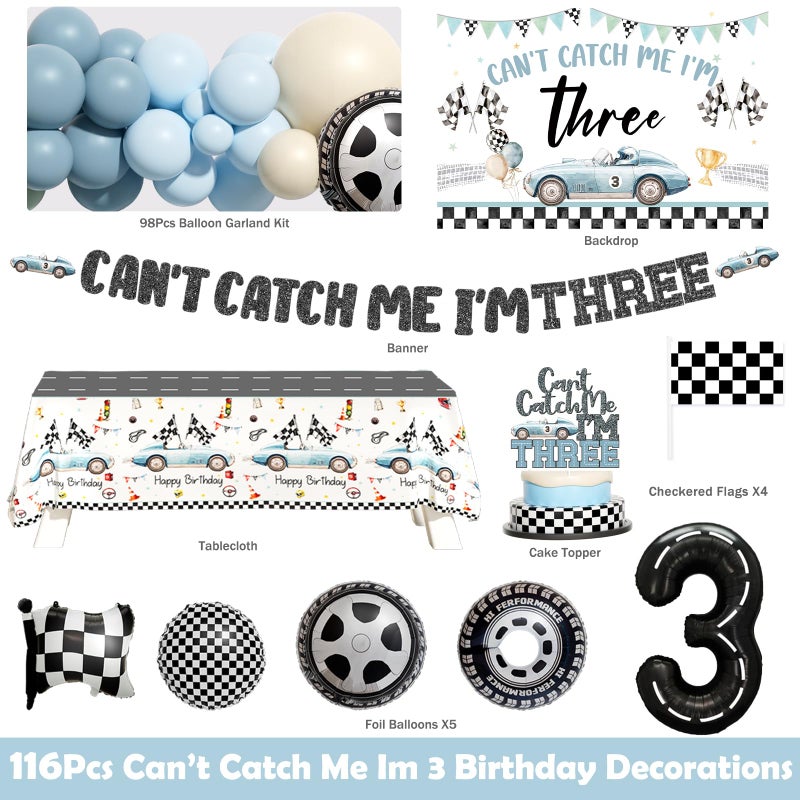 Fiesec Cant Catch Me Im 3 Birthday Decorations â€“ 116 PCs Race Car 3rd Birthday Party Supplies with Balloon Garland Backdrop Banner Tablecloth Cake Topper Foil Balloon - Image 2