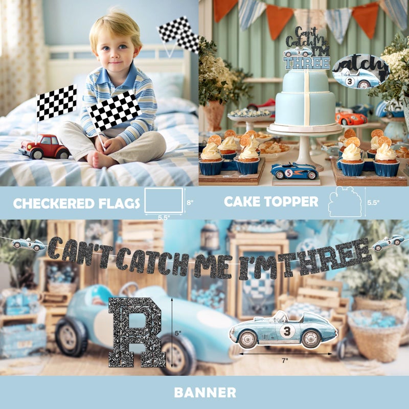 Fiesec Cant Catch Me Im 3 Birthday Decorations â€“ 116 PCs Race Car 3rd Birthday Party Supplies with Balloon Garland Backdrop Banner Tablecloth Cake Topper Foil Balloon - Image 4