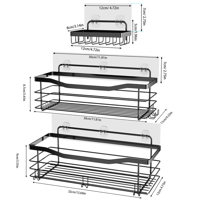 Orimade Shower Caddy Basket Soap Dish Holder Shelf with 5 Hooks Bathroom Organizer Shelf Kitchen Storage Rack Wall Mounted Adhesive No Drilling SUS304 Stainless Steel - 3 Pack Black