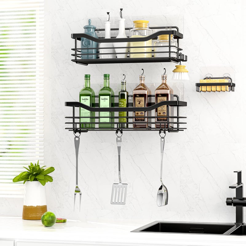 Orimade Shower Caddy Basket Soap Dish Holder Shelf with 5 Hooks Bathroom Organizer Shelf Kitchen Storage Rack Wall Mounted Adhesive No Drilling SUS304 Stainless Steel - 3 Pack Black