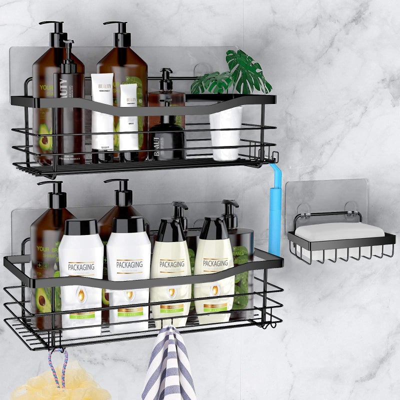 Orimade Shower Caddy Basket Soap Dish Holder Shelf with 5 Hooks Bathroom Organizer Shelf Kitchen Storage Rack Wall Mounted Adhesive No Drilling SUS304 Stainless Steel - 3 Pack Black