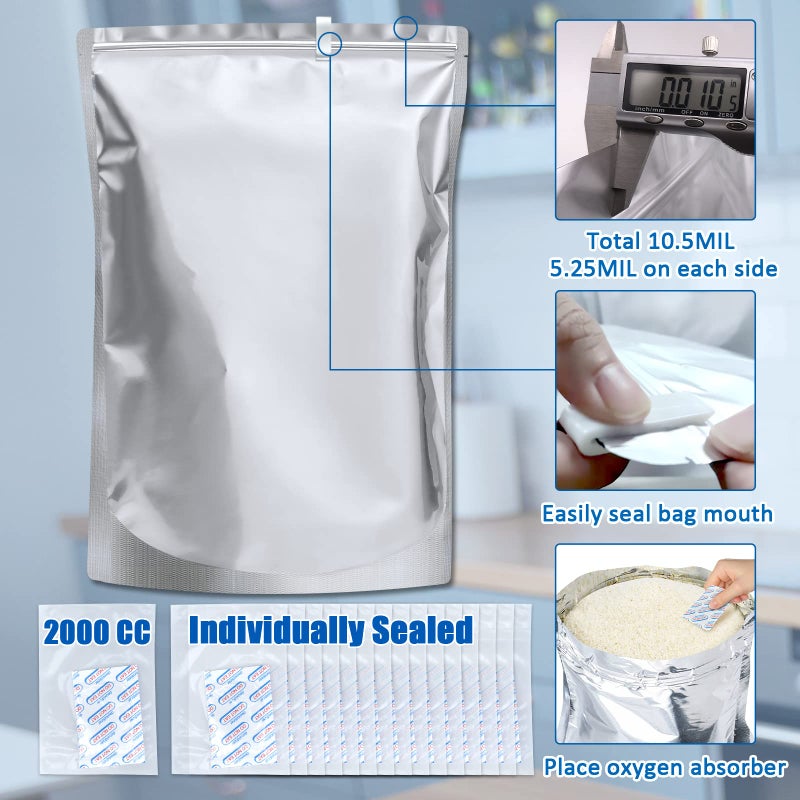 Sukerle 15 Pack 5 Gallon Mylar Bags with Oxygen Absorbers - 10.5 Mil Mylar Bags for Food Storage with 15 Single Sealed 2000cc Oxygen Absorbers & Labels & Clips - for Long Term Food Storage - Image 4
