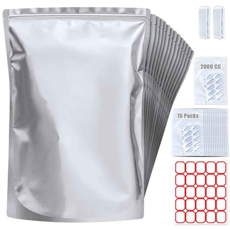 Sukerle 15 Pack 5 Gallon Mylar Bags with Oxygen Absorbers - 10.5 Mil Mylar Bags for Food Storage with 15 Single Sealed 2000cc Oxygen Absorbers & Labels & Clips - for Long Term Food Storage - Image 1