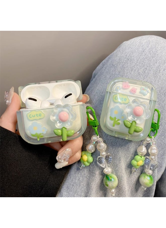 Generic Ins Small Fresh Green Flower Suitable For Airpods4 For Apple Pro2 Protective Case 3 Generation Silicone Soft Case For Earphones-Color:With Chain-Applicable Models:Airpods 3 Generation  - Image 2