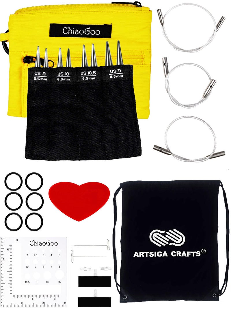 ChiaoGoo Twist Red Lace Shorties 3Inch Large Yellow 7230L Interchangeable Knitting Needle Set US 9 10 105 11 Stainless Steel with 3 Swiv360 Cables with Project Bag
