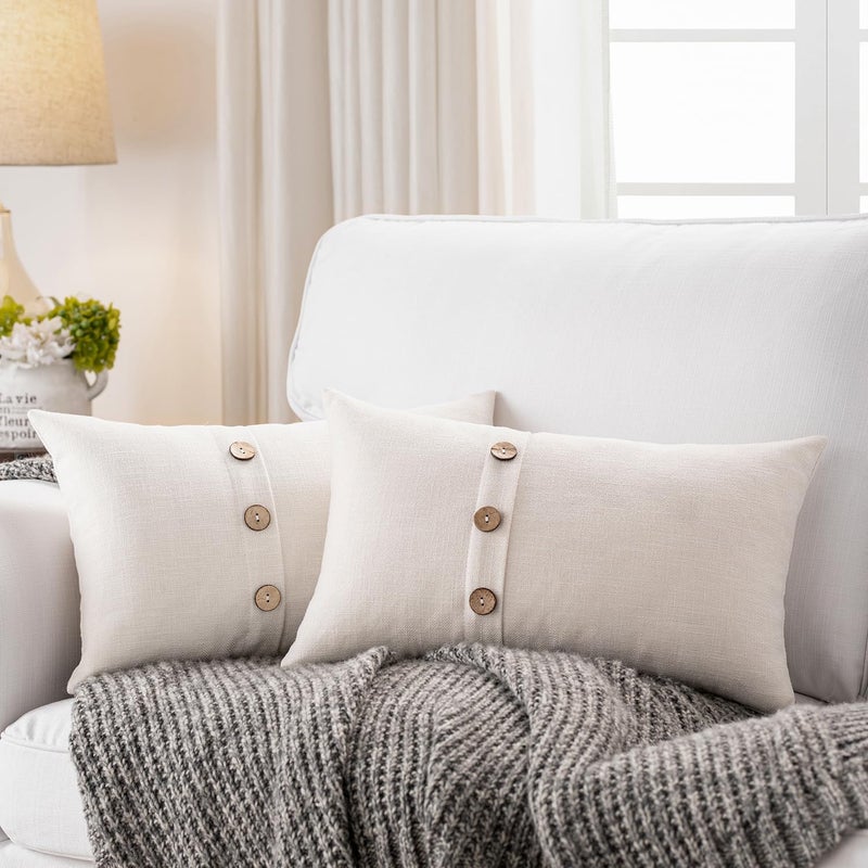 Meekio Set of 2 Ivory Lumbar Pillow Covers 12 x 20 Farmhouse Boho Pillow Covers with Coconut Buttons for Sofa Couch Living Room Bedroom Farmhouse D?cor for The Home - Image 1