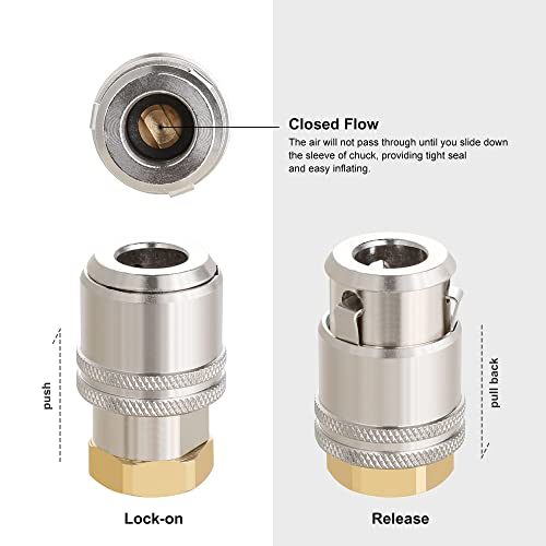 Hromee Lock On Air Chuck for Large Bore Valve, Heavy Duty Closed Flow Tire Chuck, 1/4" FNPT for Tire Inflator and 12V1 Stem Quick Connector - Image 3