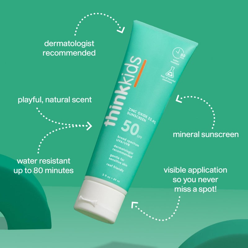 Thinkkids Safe Mineral Sunscreen SPF 50+, 3 Fl Oz, Natural, Water Resistant Reef Safe Sunscreen for Children, Broad Spectrum UVA/UVB Sun Screen - Image 3