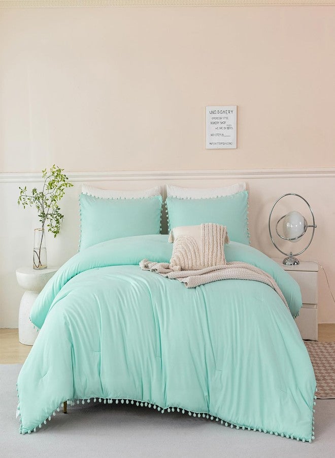 PERFEMET 5 Piece Bed in A Bag Queen Size Mint Green Comforter Boho Pom Pom Bedding Comforter Set Soft Fluffy Solid Bedding Set with Sheet for Girls Adults(Mint Green, Queen) - Image 2