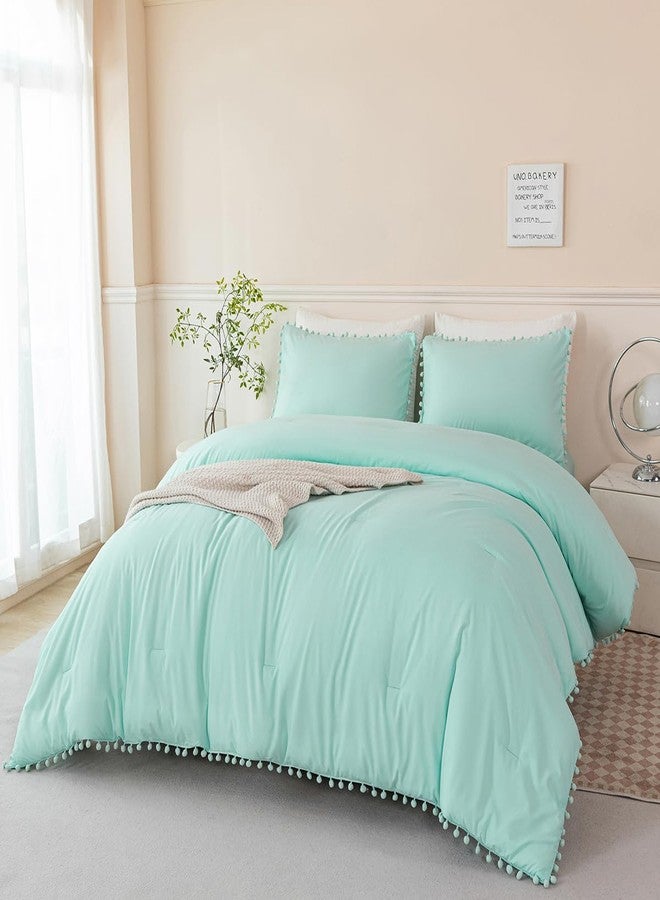PERFEMET 5 Piece Bed in A Bag Queen Size Mint Green Comforter Boho Pom Pom Bedding Comforter Set Soft Fluffy Solid Bedding Set with Sheet for Girls Adults(Mint Green, Queen) - Image 1