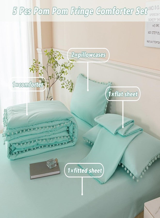 PERFEMET 5 Piece Bed in A Bag Queen Size Mint Green Comforter Boho Pom Pom Bedding Comforter Set Soft Fluffy Solid Bedding Set with Sheet for Girls Adults(Mint Green, Queen) - Image 3