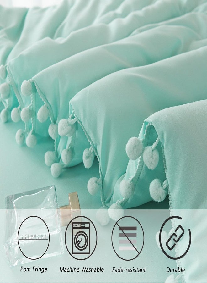 PERFEMET 5 Piece Bed in A Bag Queen Size Mint Green Comforter Boho Pom Pom Bedding Comforter Set Soft Fluffy Solid Bedding Set with Sheet for Girls Adults(Mint Green, Queen) - Image 4