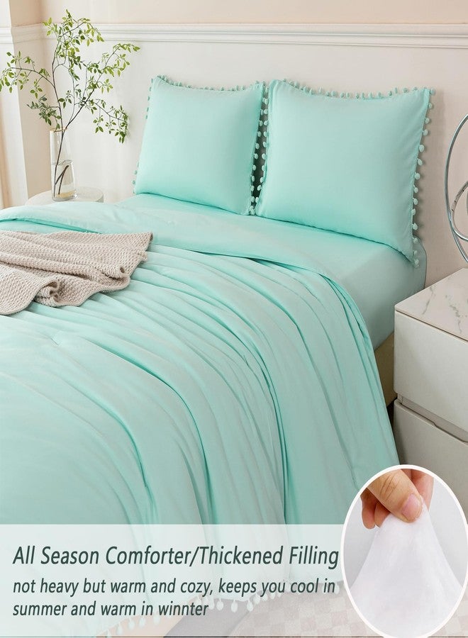 PERFEMET 5 Piece Bed in A Bag Queen Size Mint Green Comforter Boho Pom Pom Bedding Comforter Set Soft Fluffy Solid Bedding Set with Sheet for Girls Adults(Mint Green, Queen) - Image 5