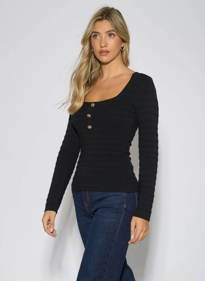 Gini London  Black Square Neck Gold Button Ribbed Top for Women | Best Price UAE