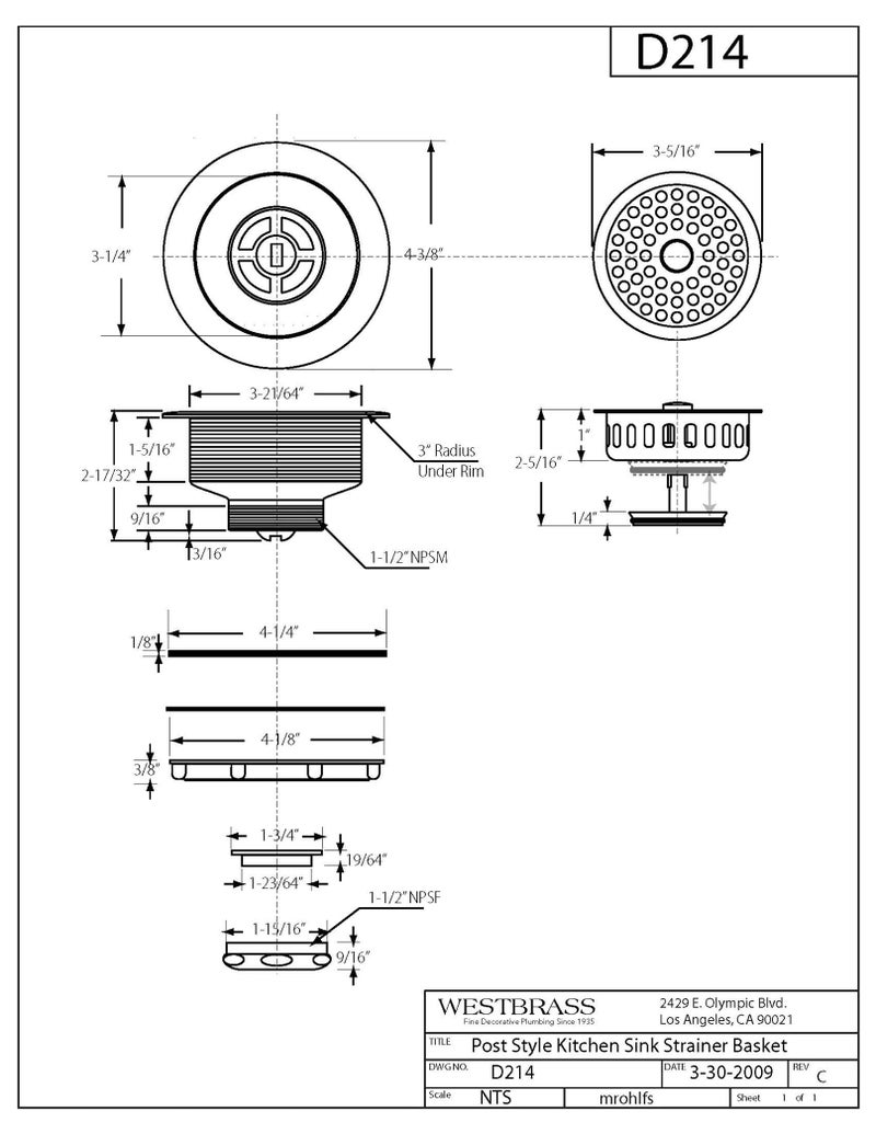 Westbrass سلة تصفية حوض المطبخ الكبيرة على طراز العمود من ويستبراس D214-12 مقاس 3-1/2 بوصة، برونز مصقول - Image 2
