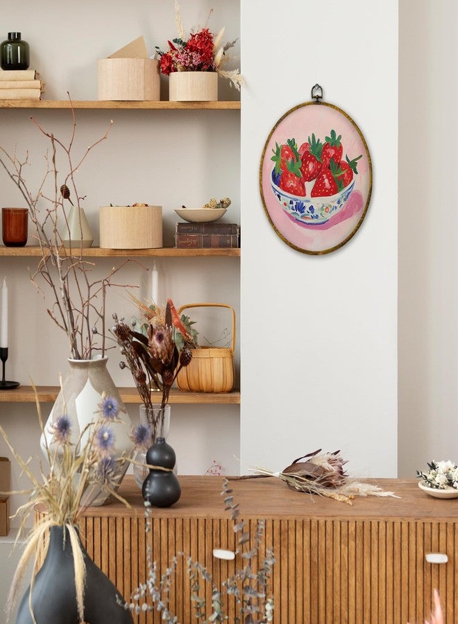 Mcehtle Chinoiserie Strawberries Bowl Pink Wall Art Decor, Vintage Rustic Farmhouse Kitchen Framed Canvas Prints 10x10, Funky Fruit Strawberries Modern Round Wall Hanging Artwork Decorations for Dining Room - Image 5