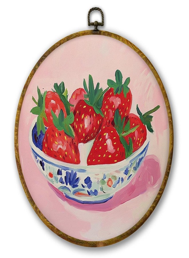 Mcehtle Chinoiserie Strawberries Bowl Pink Wall Art Decor, Vintage Rustic Farmhouse Kitchen Framed Canvas Prints 10x10, Funky Fruit Strawberries Modern Round Wall Hanging Artwork Decorations for Dining Room - Image 1