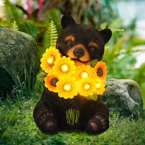ILLUMINEW Solar Garden Lights Outdoor Statues Black Bear with Sunflowers Sculpture Decor Mother Gifts for Women Men or Daughter Unique Garden Statues for Housewarming Gifts - Image 1