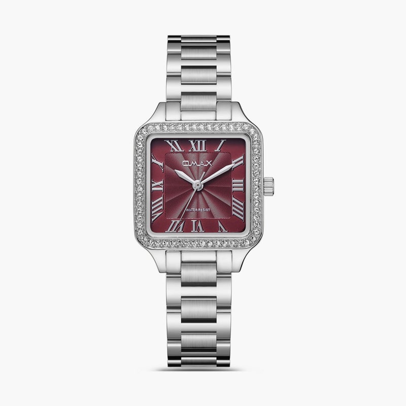 Omax Women's Silver Analog Watch with Burgundy Dial - Image 1