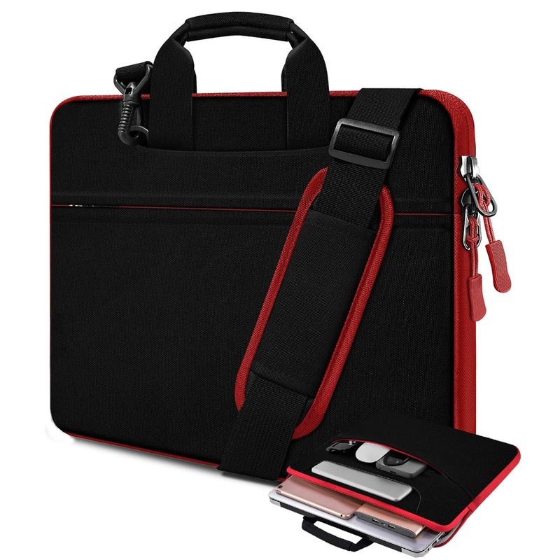 HSEOK Laptop Case 15.6 inch Shoulder Bag, Durable Shockproof Protective Computer Carrying Briefcase with Multi-Pockets and Strap Compatible with Most 15.6 inch Notebooks,Black red - Image 1