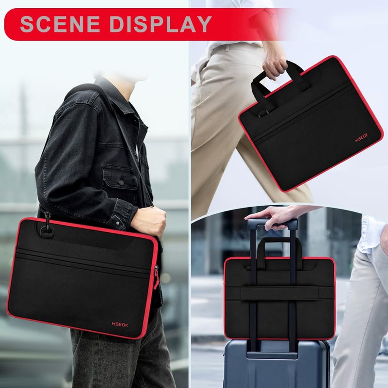 HSEOK Laptop Case 15.6 inch Shoulder Bag, Durable Shockproof Protective Computer Carrying Briefcase with Multi-Pockets and Strap Compatible with Most 15.6 inch Notebooks,Black red - Image 2