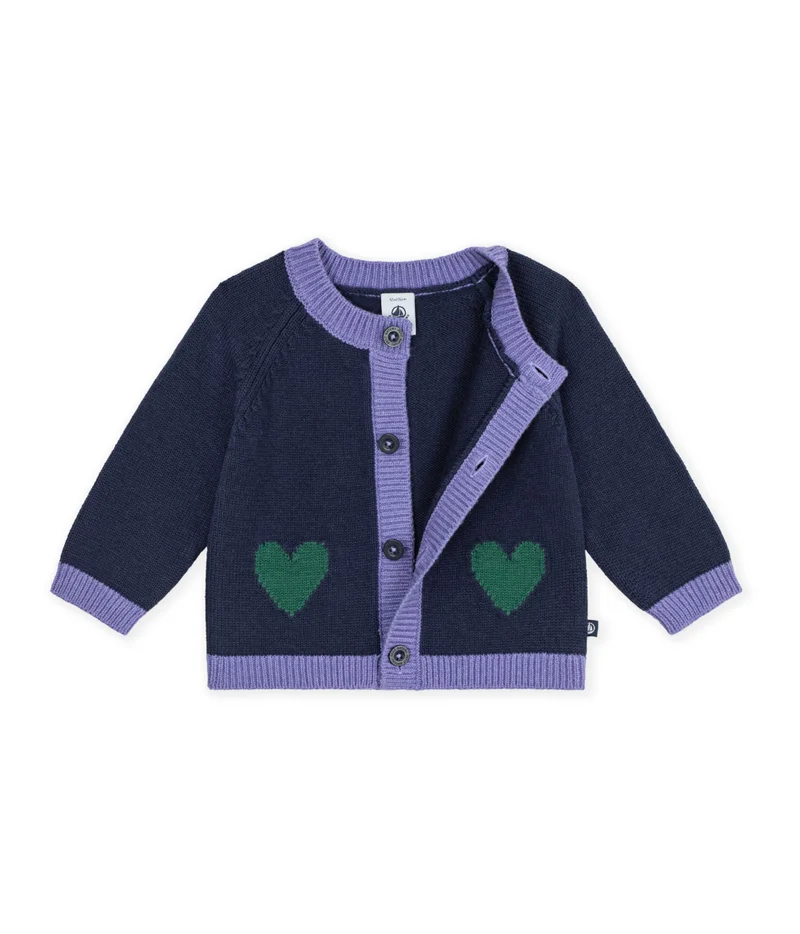 Petit Bateau Babies' Jaquard Heart Pattern Cardigan Knitted In Wool And Cotton