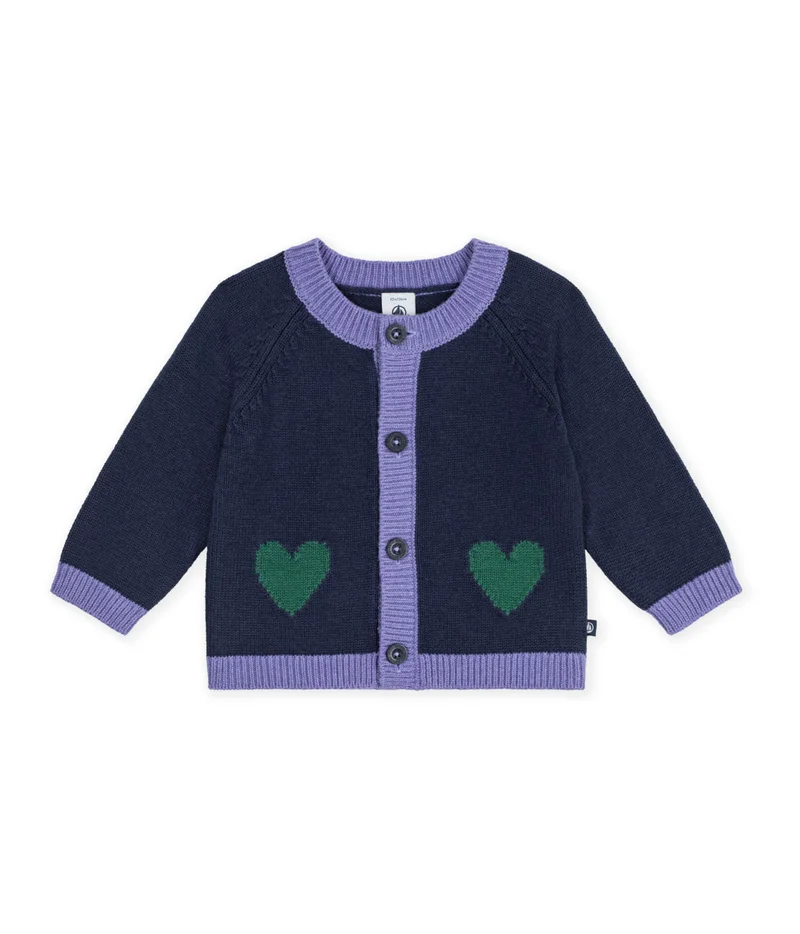Petit Bateau Babies' Jaquard Heart Pattern Cardigan Knitted In Wool And Cotton