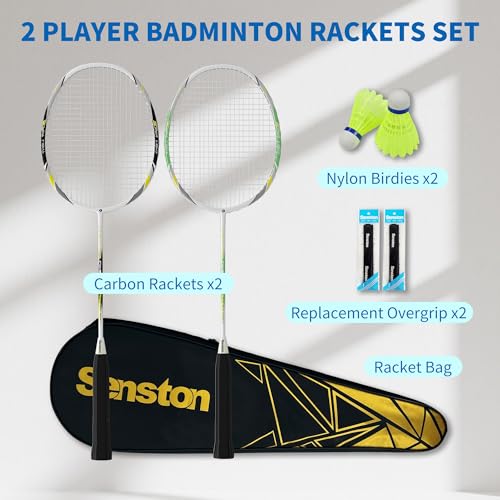 Senston 2 Badminton Rackets with Carry Bag | Lightweight Graphite for Adults & Teens | Includes 2 Shuttlecocks & 2 Grips | Perfect for Family, Beginners & Outdoor Games (Black+Green) - Image 2