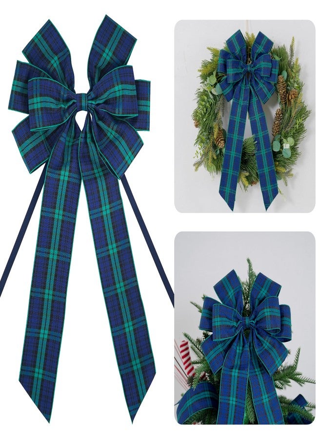 AIMUDI Christmas Tree Bows 10×20'' Navy Blue Green Plaid Bows for Gift Wrapping Wreath Bows with Wire Edge Premade Gift Bows for Craft Present Fireplace Holiday Christmas Decorations, 2 PCs - Image 1