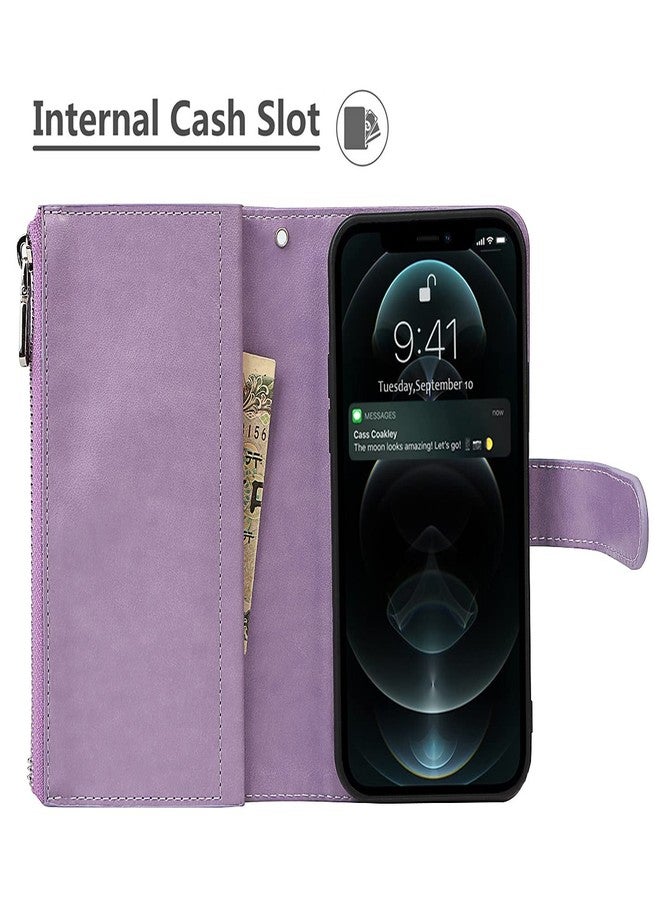 iCoverCase for iPhone 12/12 Pro Wallet Case with Card Holder and Wrist Strap, PU Leather Kickstand Card Slots Zipper Pocket Magnetic [Detachable] Flip Cover Case 6.1 Inch (Purple) - Image 4