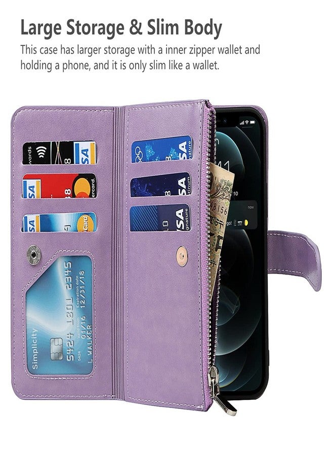 iCoverCase for iPhone 12/12 Pro Wallet Case with Card Holder and Wrist Strap, PU Leather Kickstand Card Slots Zipper Pocket Magnetic [Detachable] Flip Cover Case 6.1 Inch (Purple) - Image 3