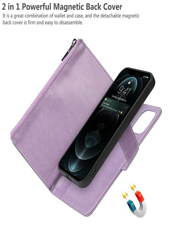 iCoverCase for iPhone 12/12 Pro Wallet Case with Card Holder and Wrist Strap, PU Leather Kickstand Card Slots Zipper Pocket Magnetic [Detachable] Flip Cover Case 6.1 Inch (Purple) - Image 5