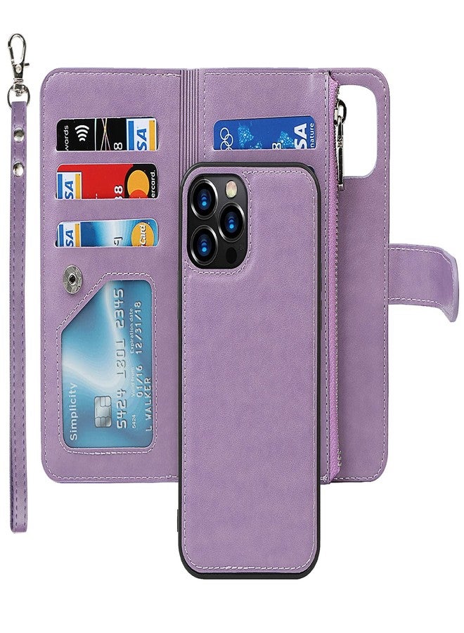 iCoverCase for iPhone 12/12 Pro Wallet Case with Card Holder and Wrist Strap, PU Leather Kickstand Card Slots Zipper Pocket Magnetic [Detachable] Flip Cover Case 6.1 Inch (Purple) - Image 1