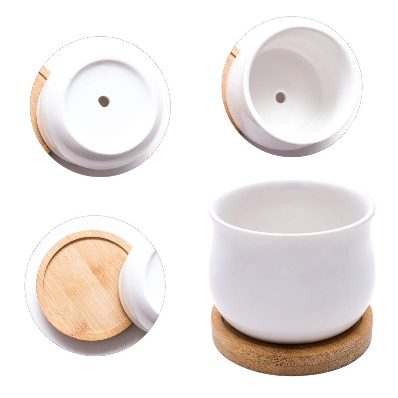 SHECIPIN Succulent Plant Pot, White Mini 2.6 inch Ceramic Flower Planter Pot with Bamboo Tray, Pack of 8 - Plants Not Included - Image 3