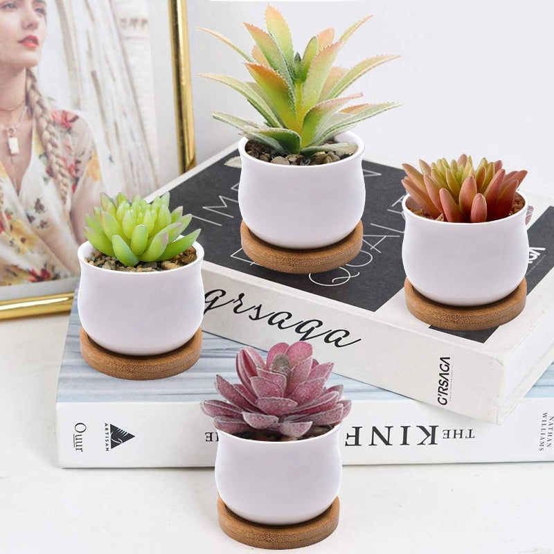 SHECIPIN Succulent Plant Pot, White Mini 2.6 inch Ceramic Flower Planter Pot with Bamboo Tray, Pack of 8 - Plants Not Included - Image 5