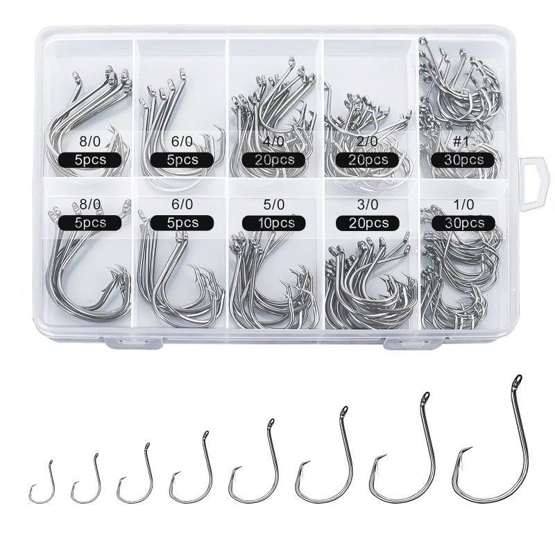 HSYMQ 150PCS Circle Hooks, Strong High Carbon Steel Fresh and Saltwater Fishing Hooks, Variety of Different Sizes Circle Hook - Size:#1 1/0 2/0 3/0 4/0 5/0 6/0 8/0 - Image 1