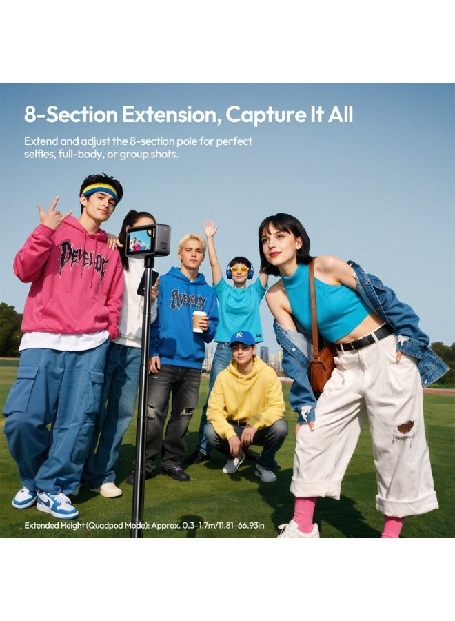 ULANZI TT91 Invisible Selfie Stick Tripod, One-Click Deploy & Close, 4-Leg 2-in-1 Extension Pole, 8-Section Extends to 65.4in, 1/4" Mount for Insta360 X5/X4/X3/Luna/DJI Osmo 360/Pocket - Image 5