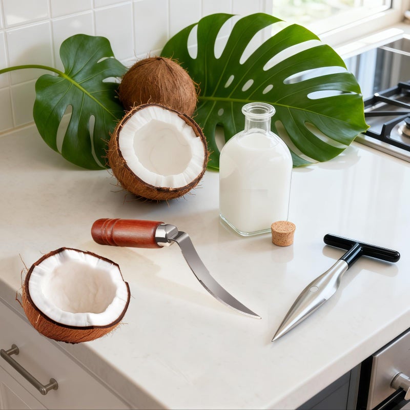 HPMAISON 2 Pcs Coconut Opener Tool Set Stainless Steel Coconut Puncher Coconut Meat Scraper with Non-Slip Wooden Handle Husk Cutting Knife Easy-to-Use Coconut Meat Remover Scraper Opening Kit Punch Tools - Image 5