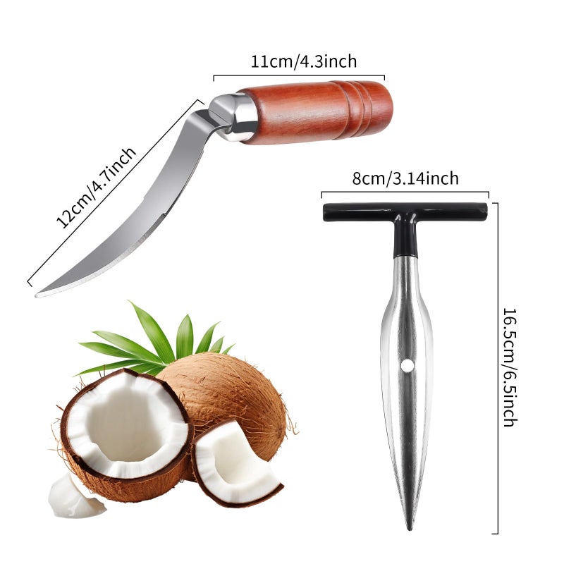 HPMAISON 2 Pcs Coconut Opener Tool Set Stainless Steel Coconut Puncher Coconut Meat Scraper with Non-Slip Wooden Handle Husk Cutting Knife Easy-to-Use Coconut Meat Remover Scraper Opening Kit Punch Tools - Image 2