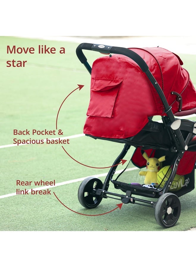 Luvlap Galaxy Baby Stroller, Pram for Baby with 5 Point Safety Harness, Spacious Cushioned Seat with Multi Level Seat Recline, Easy Fold, Lightweight Stroller for 0 to 3 Years (Red & Black) - Image 4