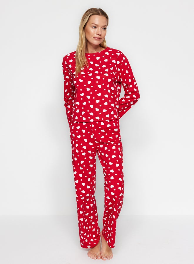 trendyol Red 100% Cotton Heart T-shirt-Pants Knitted Pajama Set - Image 2